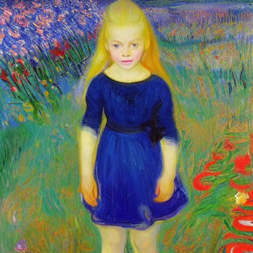 Prompt: by victor nizovtsev, by edvard munch ornamented. a computer art of a young girl with blonde hair, blue eyes, & a pink dress. she is standing in a meadow with flowers & trees.