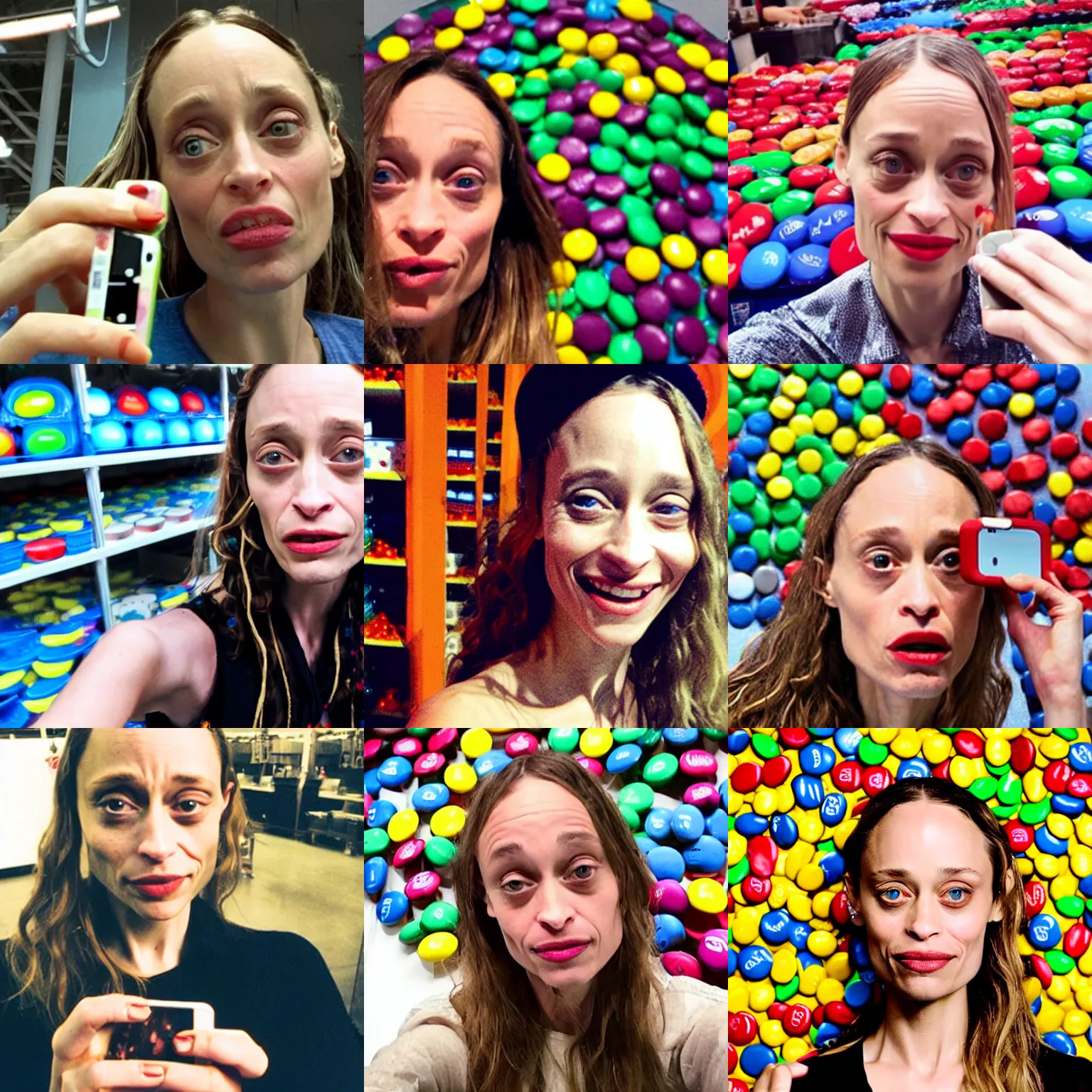 Image similar to fiona apple taking a selfie at the m & ms factory