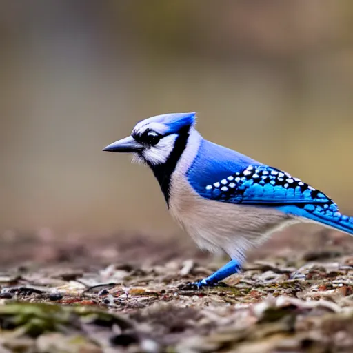 Prompt: bluejay standing next to a river in a forest in autumn