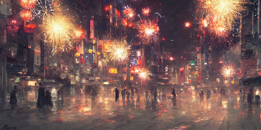 Image similar to anime kyoto animation key by greg rutkowski night, fireworks festival, kimono