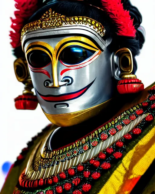 Prompt: photo of a Dramatic Kathakali male character with traditional headgear painted face wearing futuristic robocop LED goggles and futuristic robot armour with wide traditional ghaghra in the style of stefan kostic, full body, realistic, sharp focus, symmetric, 8k high definition, insanely detailed, intricate, elegant, art by stanley lau and artgerm, Hajime Sorayama, William-Adolphe Bouguereau