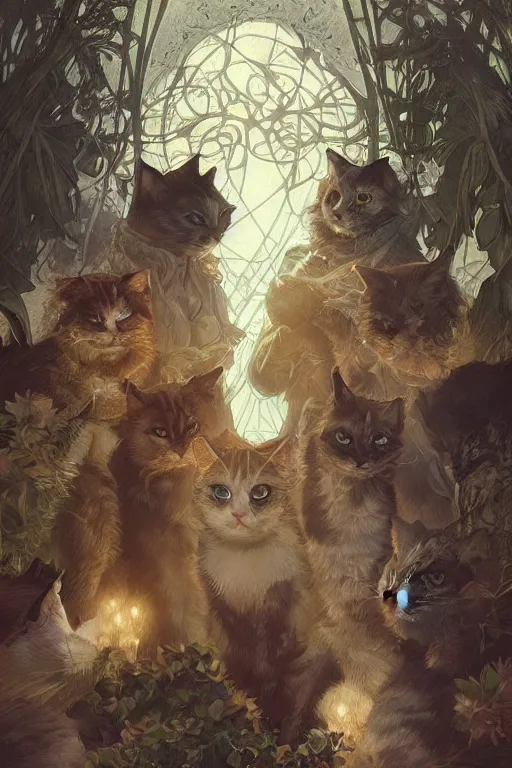 Image similar to moody digital illustration of group of cats gathered at the cemetery at midnight, highly detailed, digital painting, artstation, concept art, sharp focus, illustration, art by artgerm and greg rutkowski and alphonse mucha