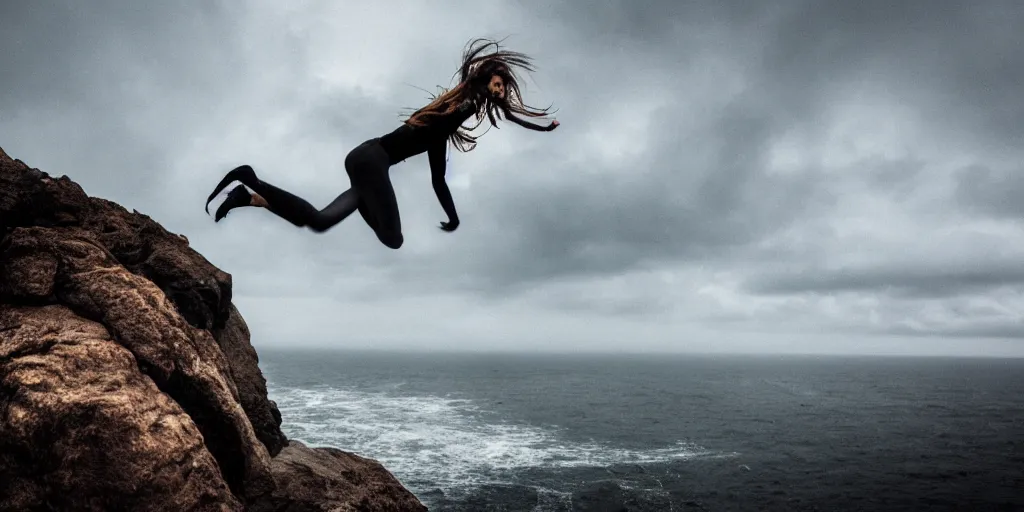 Image similar to catgirl jumping through a precipice on the coast up high, waves shattering on the rock, dramatic atmosphere, gloomy rainy weather, cinematic