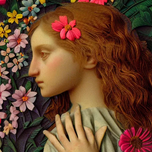 Image similar to close - up of a girl morphing in flowers, film still by wes anderson, depicted by leon battista alberti, limited color palette, very intricate, art nouveau, highly detailed, lights by hopper, soft pastel colors, minimalist