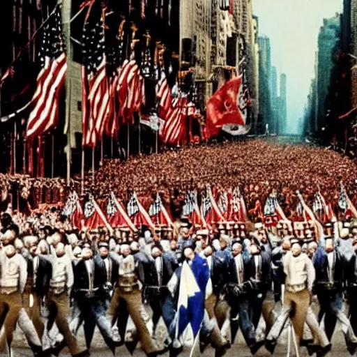 Image similar to Communis States of America, alternate history, Comrade Ronald Reagan, Premier Reagan, USSA, 1987, communist America, military parade, 5th Avenue parade