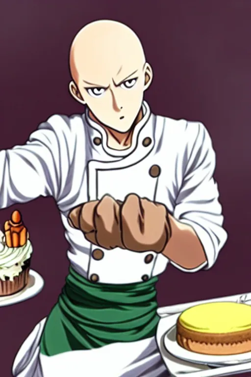 Image similar to chef saitama one punch man, dressed as a pastry chef, making a cake, anime artwork