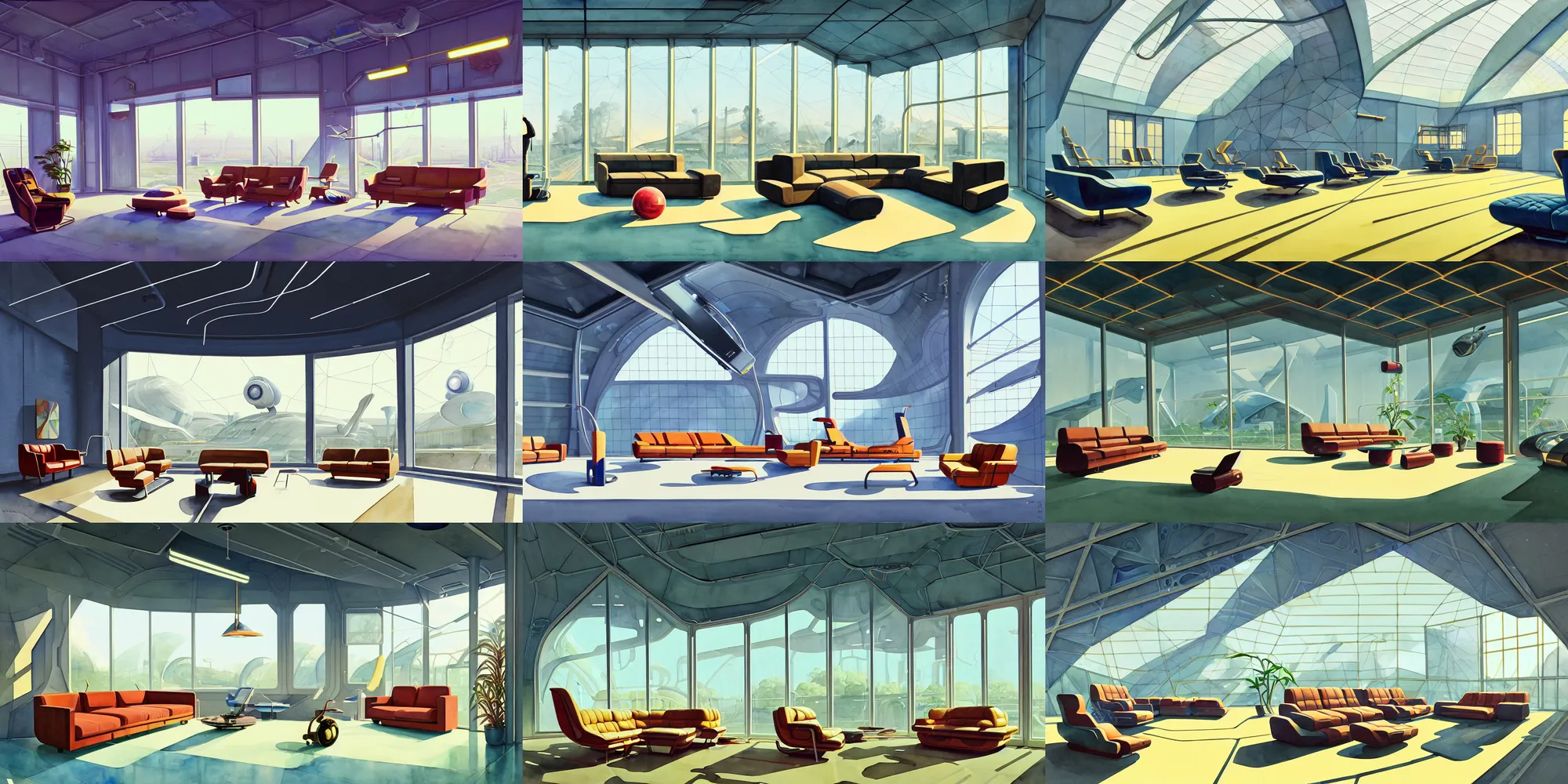 Prompt: a beautiful illustration of futuristic hangar, lots of furniture, sofa, waiting room, big medium small, sacred geometry, golden ratio, in watercolor gouache detailed paintings, in style of syd mead, trending on artstation, 8 k, panel, hard surface, vent, zaha hadid, props, plant, cozy, decoration around the room, simon stalenhag, deus ex