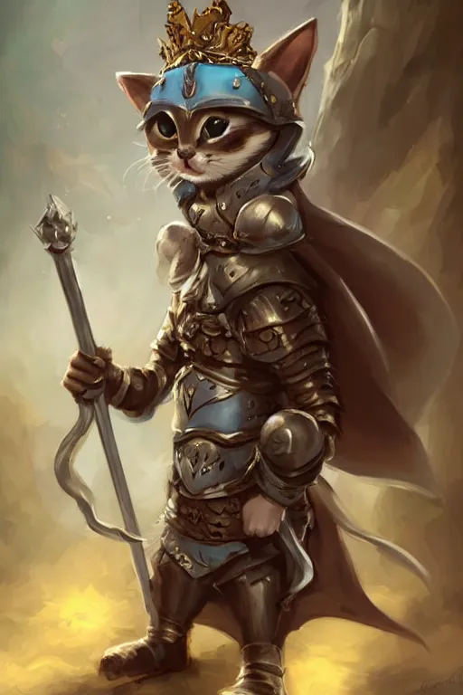 Image similar to cute little anthropomorphic cat knight wearing a cape and a crown, tiny, small, miniature cat , baby animal, short, pale blue armor, cute and adorable, pretty, beautiful, DnD character art portrait, matte fantasy painting, DeviantArt Artstation, by Jason Felix by Steve Argyle by Tyler Jacobson by Peter Mohrbacher, cinematic lighting