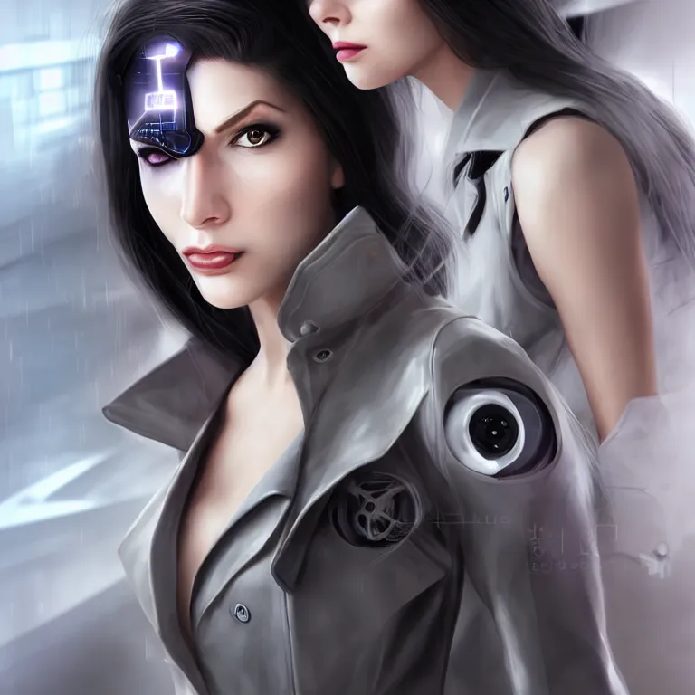 Image similar to photorealistic portrait of a beautiful half cyborg woman with a mischievous look, the half cyborg woman is wearing a long trench coat, in an underground parking garage, in the style of Artgerm and NeoArtCorE