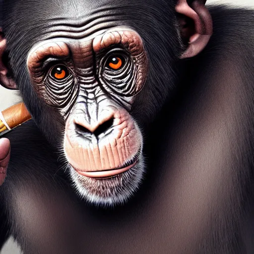 Image similar to a high detail shot of a chimp wearing a suit, smoking, render, cgsociety, photorealism