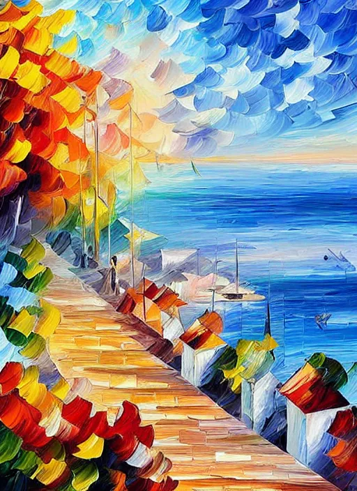 Image similar to beautiful seaside greek village in the style of leonid afremov