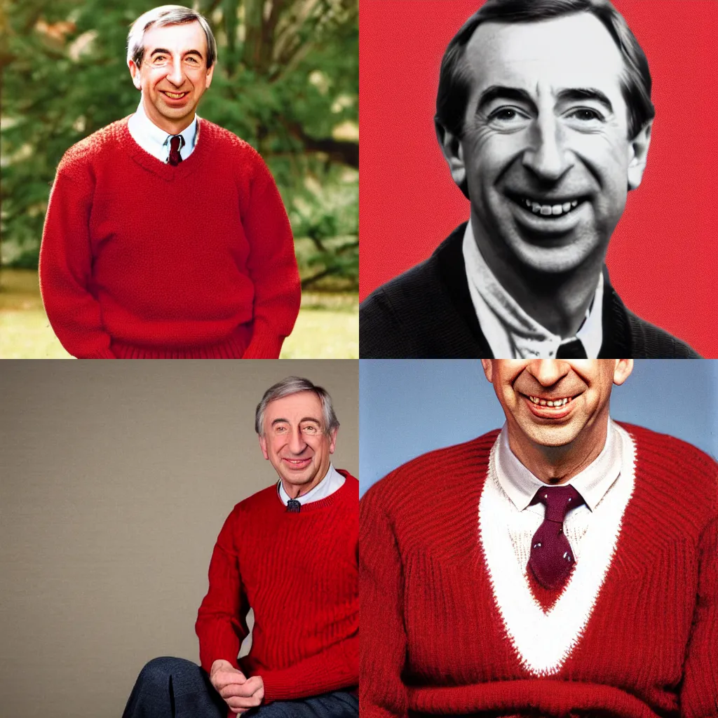 Prompt: headshot photo of Mister Rodgers in his red sweater