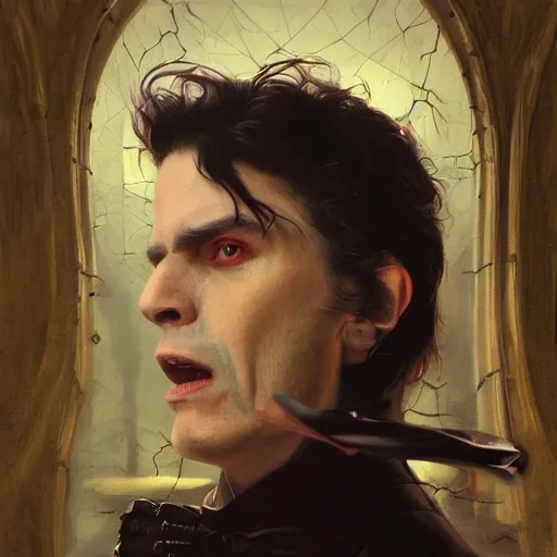 Prompt: portrait of a vampire in the darkness, detailed, centered, digital painting, artstation, concept art, donato giancola, Joseph Christian Leyendecker, WLOP, Boris Vallejo, Annie Leibovitz and Steve McCurry, David Lazar, Jimmy Nelsson, Breathtaking, 8k resolution, extremely detailed, beautiful, establishing shot, artistic, hyperrealistic, beautiful face, octane render