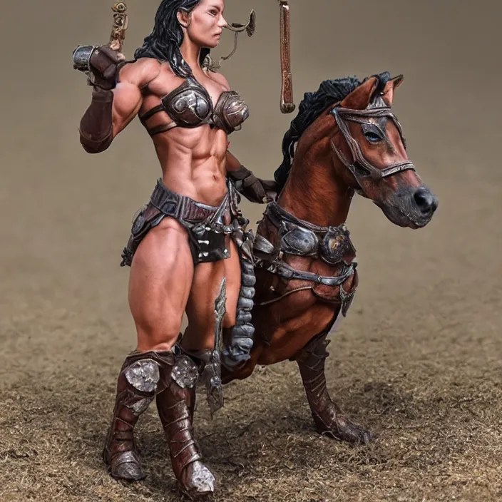 Image similar to 80mm resin detailed miniature of a Muscular Woman warrior standing next to a Horse, Product Introduction Photos, 4K, Full body, simple background