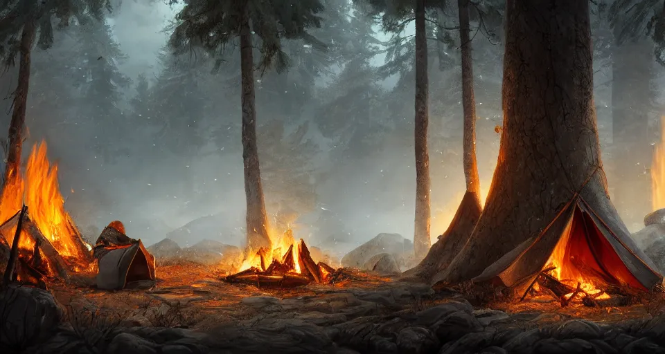 Image similar to an epic fantasy adventurer's tent left alone with a smoldering camp fire, 4 k, extremely detailed. award winning, trending on artstation, 8 k, ultra wide angle