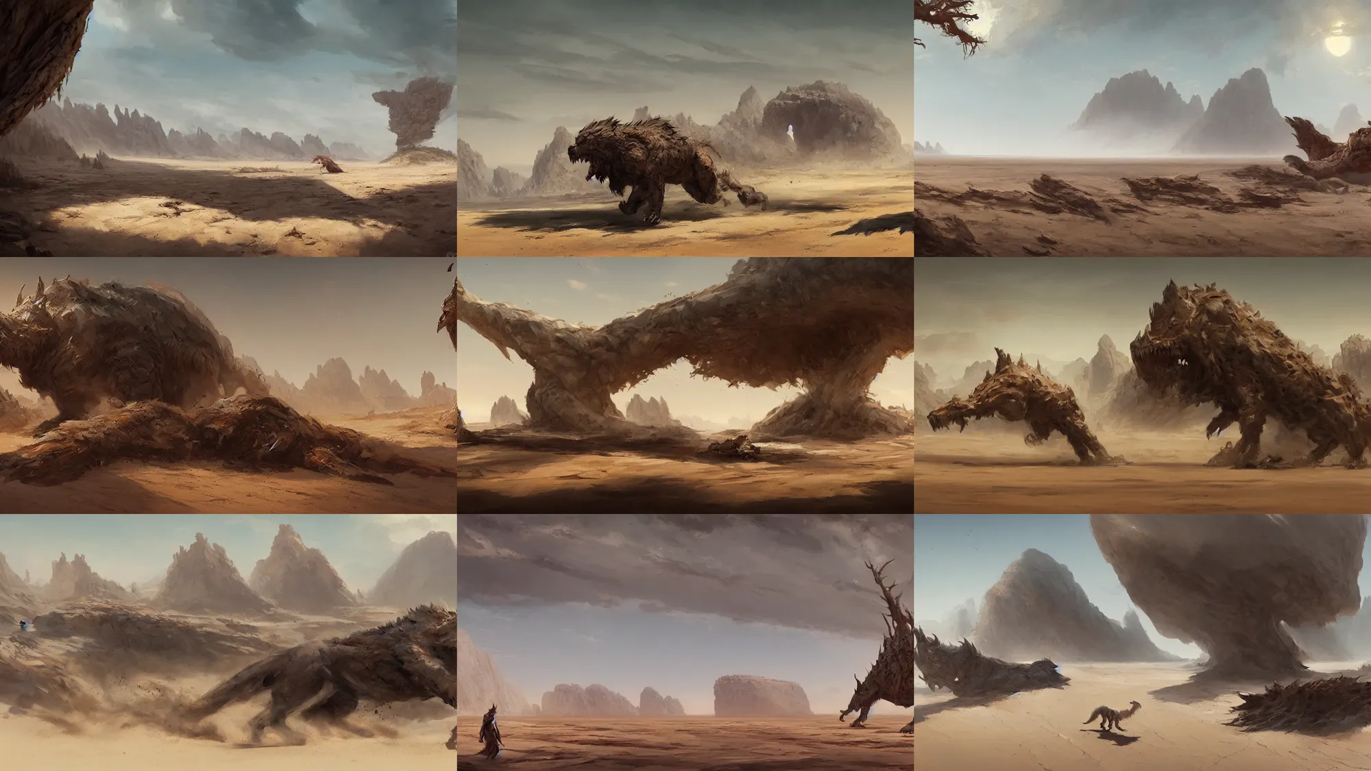 Prompt: beast pounding across the open sand, karst landscape desert, wide shot, concept art by greg rutkowski