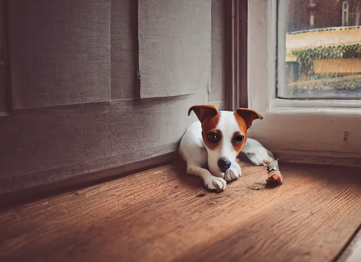 Image similar to photography of a Jack Russel . watching outside the window. on a bed. in a vintage room full of vinyls and posters.,volumetric light, photorealistic,, award winning photo, 100mm, sharp, high res