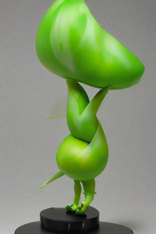 Image similar to a fat bubbly super detailed anime figurine with fluo color detail, and muted arm colors, that looks like a plant, decorated by plastic synthetic ionized metal flower sculptures