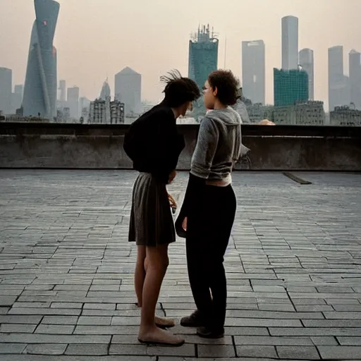 Image similar to a small rooftop with a couple of modern teenagers, standing and talking to each other, wearing black modern clothes, modern shanghai bund is on the background, sunset, by gregory crewdson