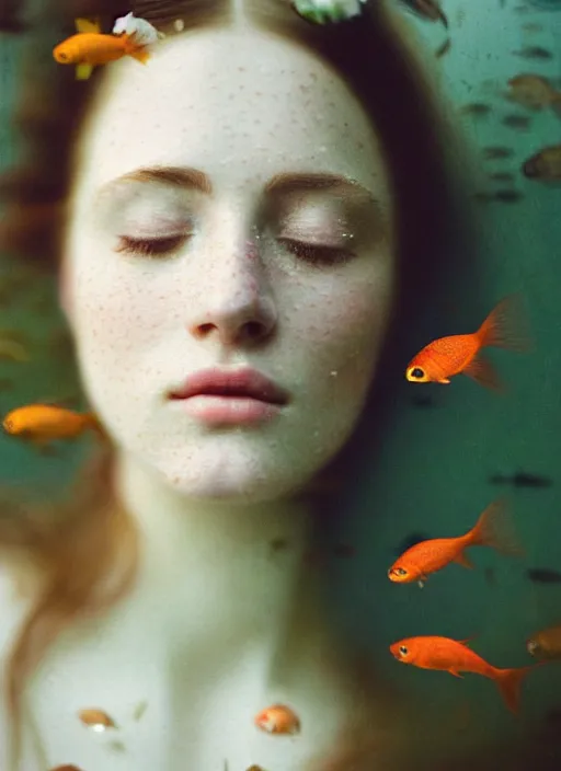 Image similar to Kodak Portra 400, 8K, soft light, volumetric lighting, highly detailed, britt marling style 3/4, Close-up portrait photography of a beautiful woman how pre-Raphaelites a woman with her eyes closed is surrounded by water , face is surrounded by fish, she has a beautiful lace dress and hair are intricate with highly detailed realistic beautiful flowers , Realistic, Refined, Highly Detailed, natural outdoor soft pastel lighting colors scheme, outdoor fine art photography, Hyper realistic, photo realistic
