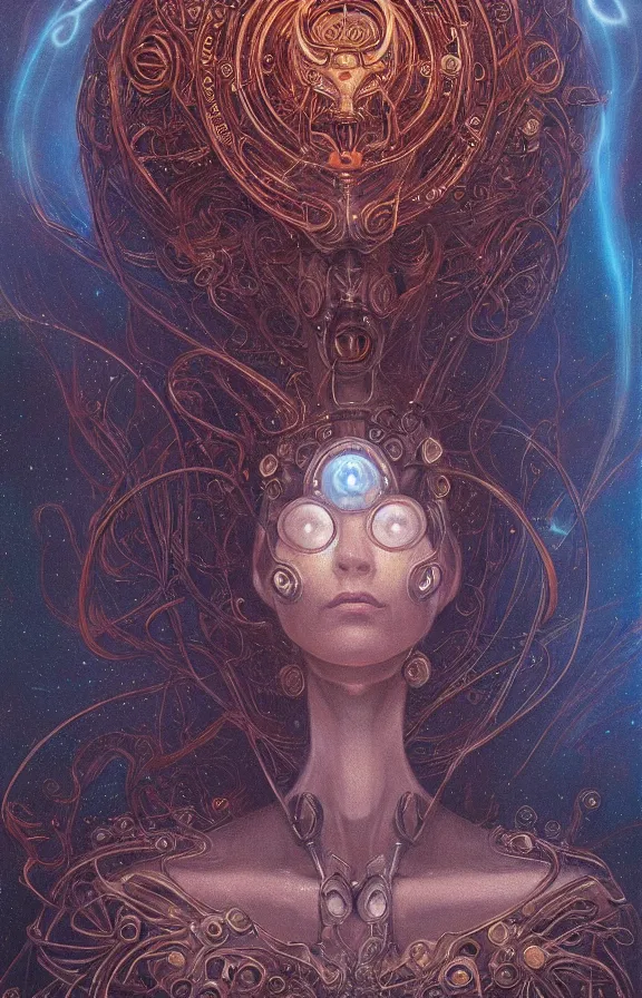 Image similar to a highly detailed beautiful portrait of a robot in the style of jean delville and in the style of peter mohrbacher. glowing rune of magical power.