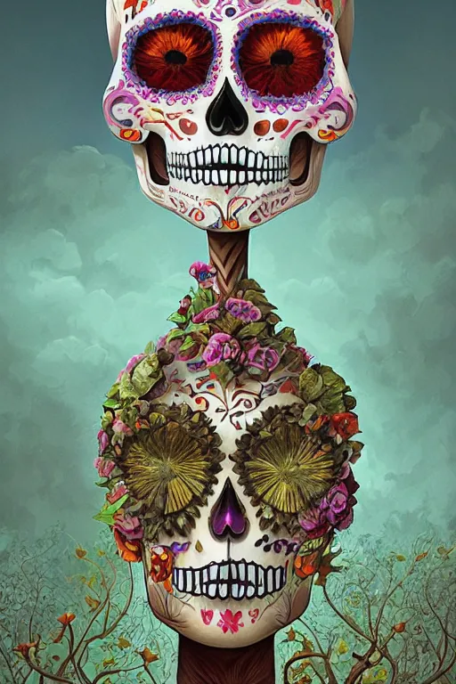 Prompt: illustration of a sugar skull day of the dead girl, art by gediminas pranckevicius