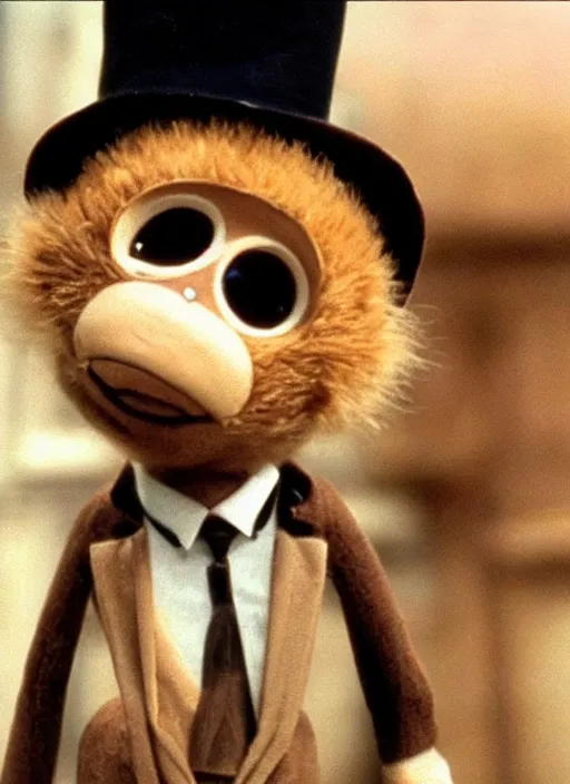 Prompt: cheburashka as don corleone in the godfather, movie frame