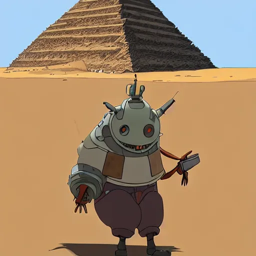 Image similar to a study of cell shaded cartoon of a mechanized grey jackel from howl's moving castle ( 2 0 0 4 ), in front of pyramids on a desert road, full body, wide shot, very muted colors, post grunge, studio ghibli, laurie greasley, highly detailed, deviantart, art by artgem