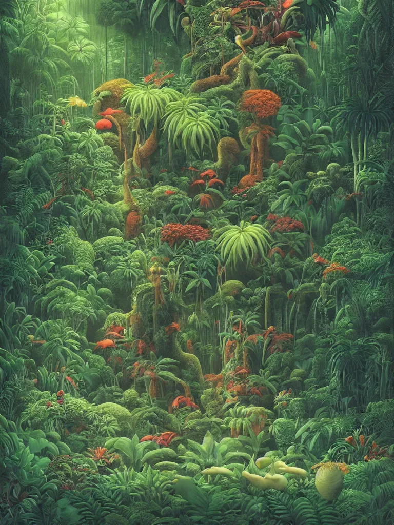 Image similar to a beautiful but foreboding dream inside the lush Malaysian jungle with exotic rainforest flora and fauna where time seems to stand still by Martin Johnson Heade, Hiroshi Sugimoto, Henri Rousseau, Ernst Haeckel, foggy memories of invisible primordial spirits, medium close up shot, wide angle lens, photorealism, anaglyph filter, cinematic mood lighting, National Geographic photography, trending on Art Station.