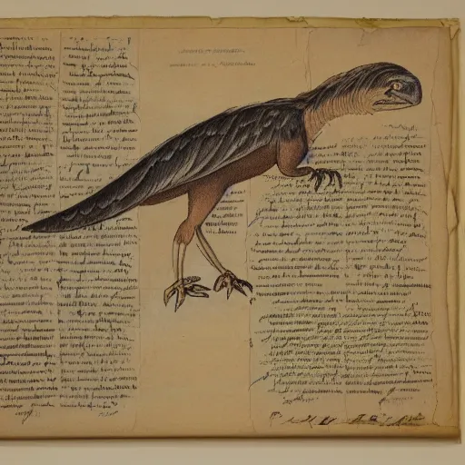 Image similar to vintage parchment with a sketch of a feathered dinosaur with full descriptions, 8K, HD, highly detailed, high quality