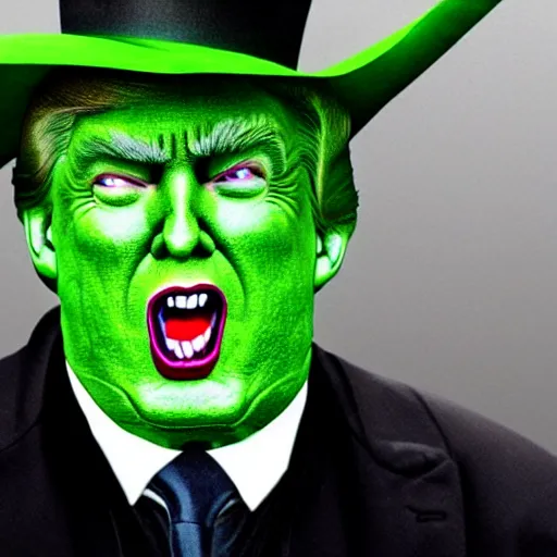 Image similar to wicked witch of the west that looks like trump with green skin, real movie still, photo quality