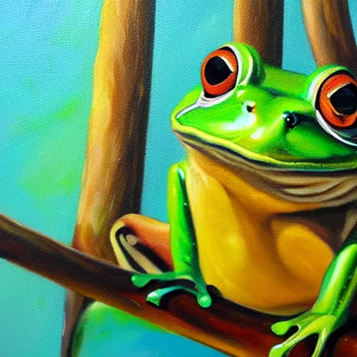 Image similar to beautiful oil painting of frog on a tree, sunlight, award - winning, matte,