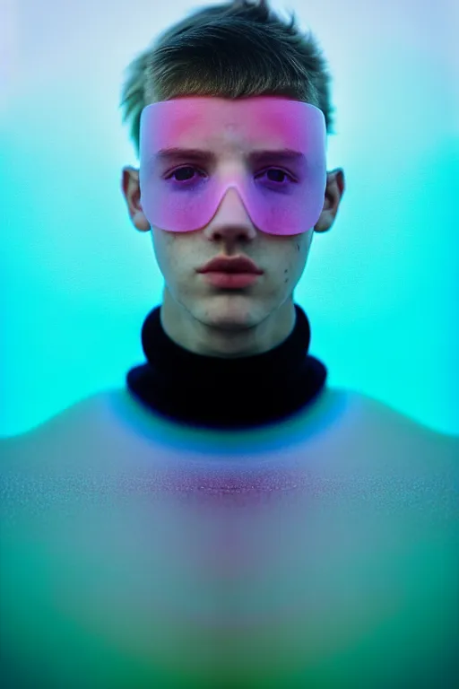 Image similar to high quality pastel coloured film mid angle portrait photograph of a beautiful young 2 0 year old male, soft features, short hair, perspex mask and oversized inflated clothing!!!! icelandic black! rock pool environment. atmospheric three point light. photographic. art directed. ( pastel colours ). volumetric. clearcoat. waves. 8 k. filmic.