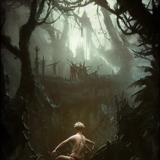 Prompt: lost boys peter pan never never land, darkwave, darksynth, concept art, sharp, digital matte painting, art by luis royo, greg rutkowski, wlop, dramatic lighting, trending on artstation