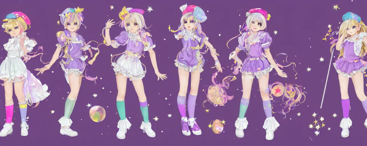 Prompt: A character sheet of full body cute magical girls with short blond hair wearing an oversized purple Beret, Purple overall shorts, Short Puffy pants made of silk, pointy jester shoes, a big billowy scarf, Golden Ribbon, and white leggings Covered in stars with Decora rainbow accessories all over. Short Hair. Flowing fabric. Ruffles and lace. Art by william-adolphe bouguereau and Paul Delaroche and Alexandre Cabanel and Lawrence Alma-Tadema and WLOP and Artgerm. baroque painting. Intricate, elegant, Highly Detailed. Smooth, photoreal. photograph. realistic painting. realistic. Hyper Realistic. Sunlit. Moonlight. Surrounded by clouds. 4K. UHD. Denoise.