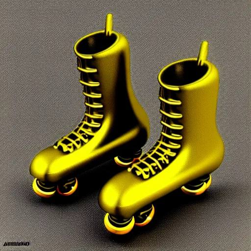 Image similar to a pair of golden roller skates, hyper realistic art concept by hush lino, 4 k ultra fine detail high resolution octane render