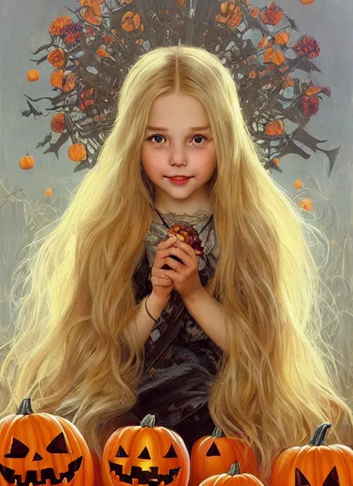 Image similar to a happy little girl with long straight golden blonde hair sitting amidst halloween decor, skulls and pumpkins. beautiful highly detailed face, beautiful painting by artgerm and greg rutkowski and alphonse mucha