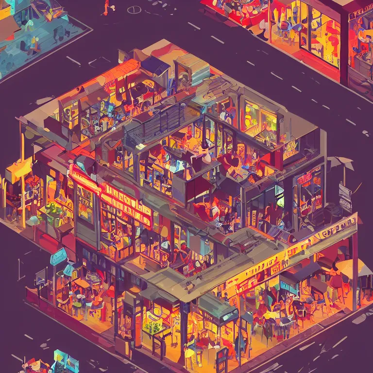 Image similar to isometric view illustration of a very lively restaurant and bar neighborhood , highly detailed, end of the day, by James Gilleard and Bruce Pennington