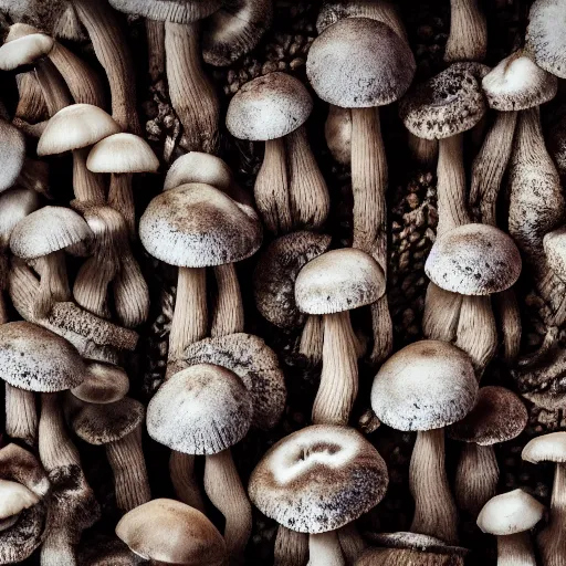 Prompt: mushroom cap, bottom view, clearly visible lamellae, black background, hyper realistic, photography, colorfull, 8k, epic composition