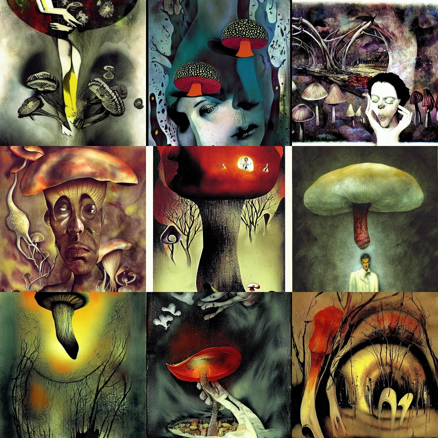 Prompt: psychedelic mushrooms dream, no fears, okay one fear, by dave mckean