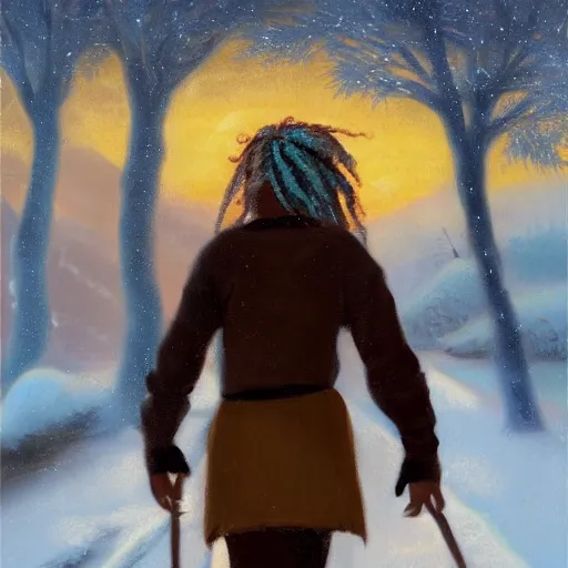 Prompt: ''boy with colored dread hair walking backwards in the snow, sunset, renaissance style painting, 8 k ultra resolution, hd, illustration, featured on artstation, professional painting, digital art''