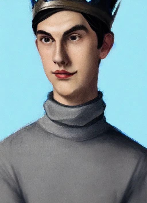 Image similar to portrait of teenage jughead jones wearing a light grey crown, crown, blue turtleneck, 1 9 5 0 s, closed eyes, photorealistic, black hair, glowing lighting, intricate, elegant, glowing lights, highly detailed, digital painting, artstation, concept art, smooth, sharp focus, illustration, art by wlop, mars ravelo and greg rutkowski