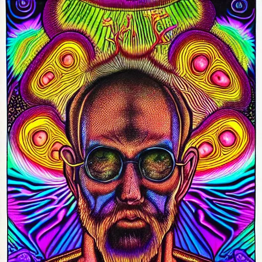 Prompt: Terence McKenna reincarnated as a magic mushroom. in style of Alex Grey, highly detailed, blacklight poster