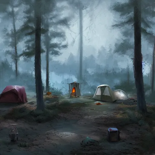 Image similar to a eerie campground surrounded by ghosts, craig mullins