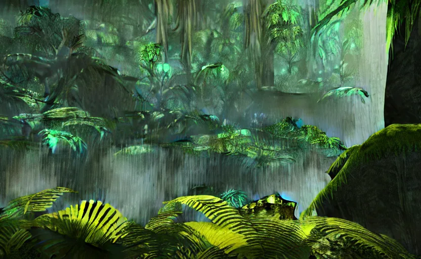 Image similar to a beautiful render of a dark prehistoric rainforest, lush flora, patches of yellow sky, dark green leaves, dark shadows, mountains and a waterfall in the background, intricate detail, hazy, humid, volumetric lighting, 8 k, photorealistic, raytracing effects, unreal engine 5