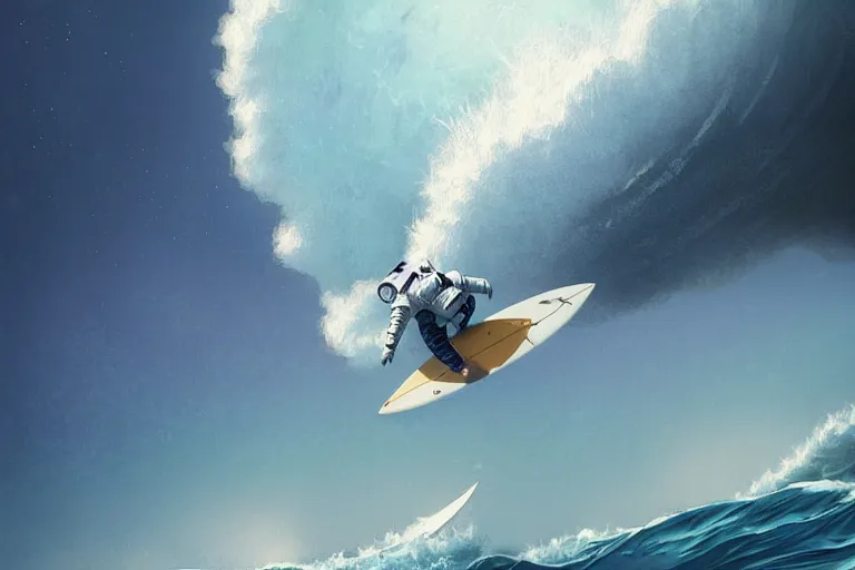 Image similar to a beautiful digital painting of an astronaut in a white space suit surfing the great wave on a surfboard by greg rutkowski, photorealistic, trending on artstation, highly detailed, intricate, unreal engine, octane render