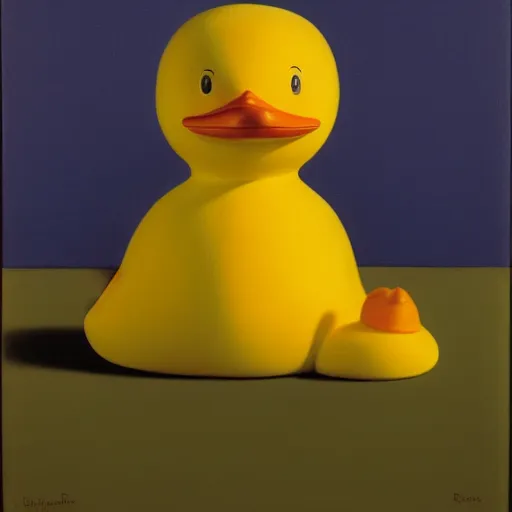 Image similar to portrait of a yellow rubber duck by rene magritte, oil on canvas.