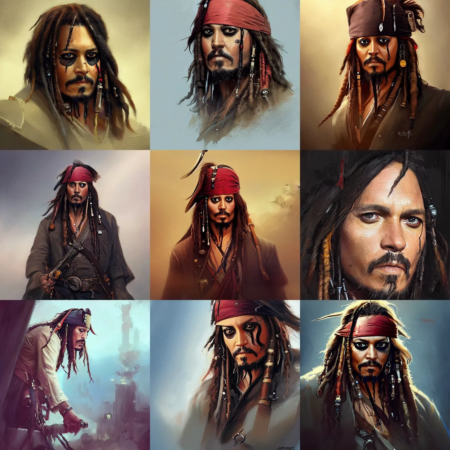 Prompt: “ portrait of captain jack sparrow by greg rutkowski, highly detailed portrait, scifi, digital painting, artstation, concept art, smooth, sharp foccus ilustration, artstation hq ”