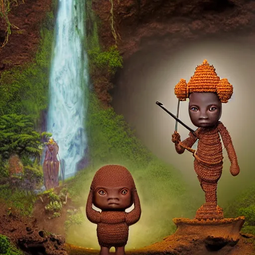 Image similar to wide angle dynamic portrait of a chibbi dogon priest in an african zen garden with a waterfall! and a golden ornate steampunk portal, amigurumi by mark ryden and todd schorr and mark davis and zdislaw beksinski in a surreal lowbrow style, digital paint, matte paint, vivid synthwave colors, breathtaking landscape