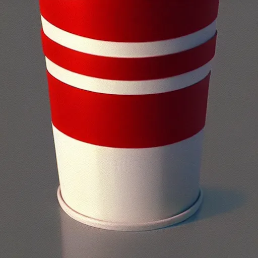 Image similar to white paper cup with red strip as a character!!!, hyperrealistic, highly detailed, cinematic, volumetric sunlight, beautiful, cgssociety, artstation, 8 k, oil painting by greg rutkowski, by artgerm, by wlop